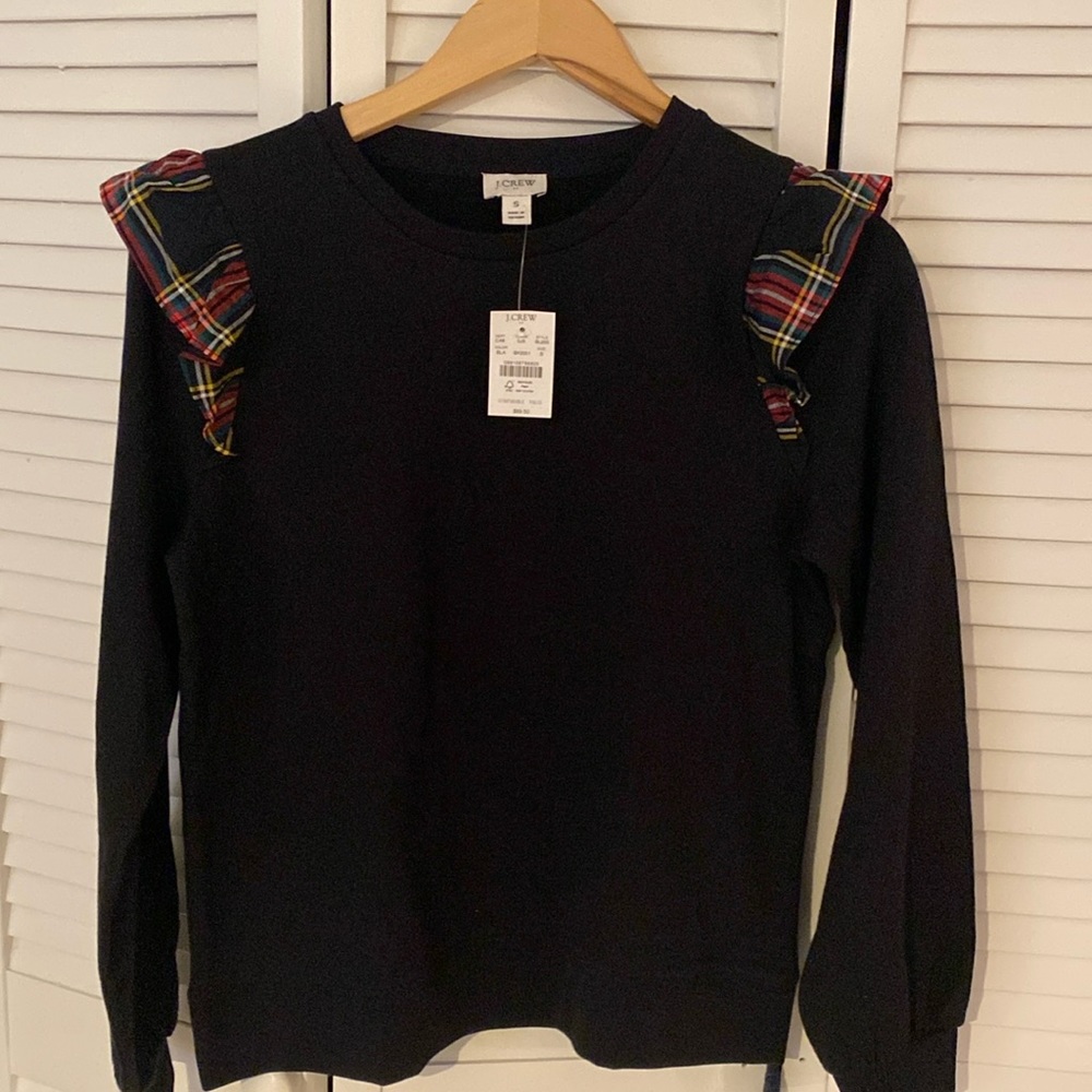 J Crew New with tags Stewart Plaid Ruffle shoulder sweatshirt black size small